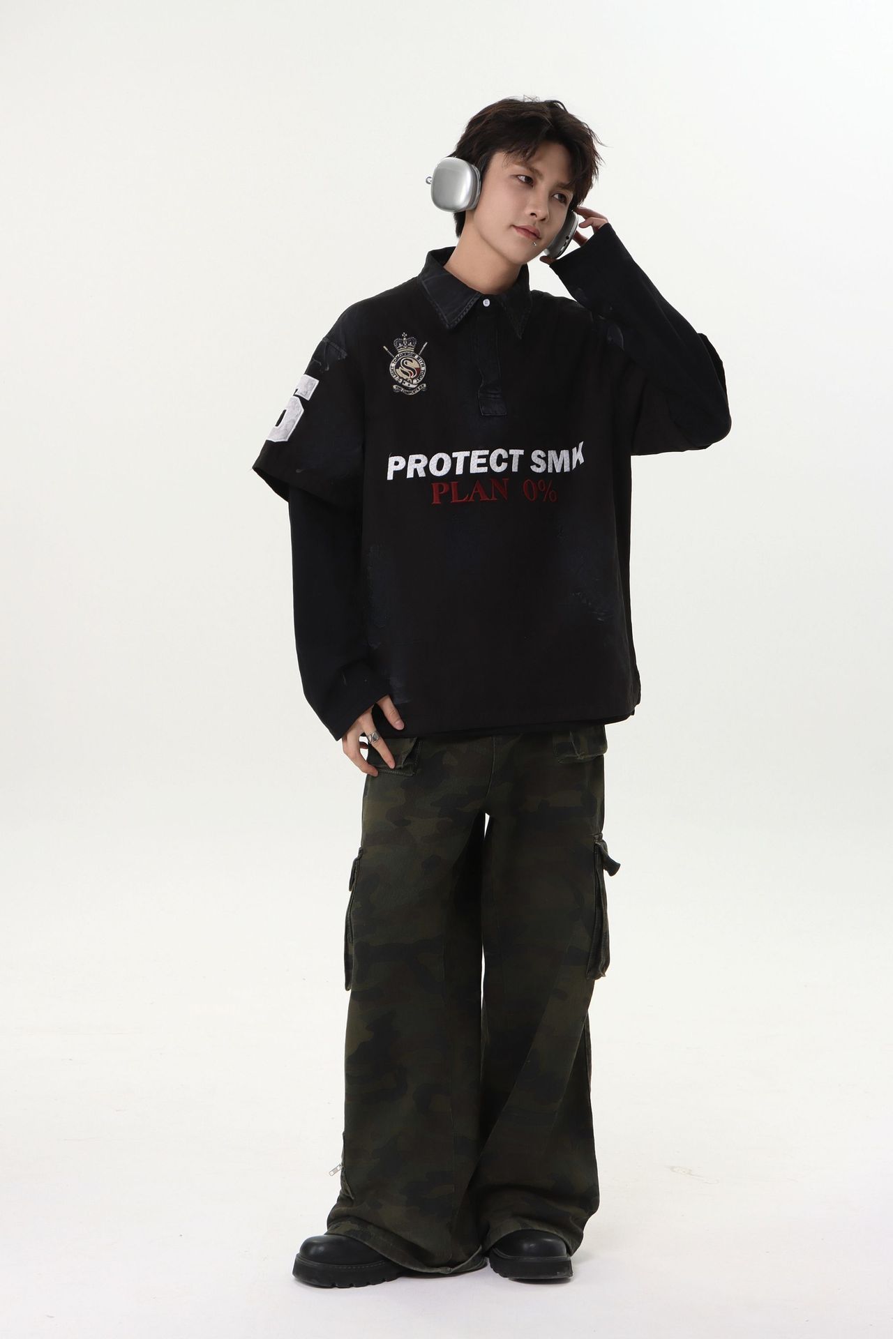 Heavyweight Cotton Long Sleeve Faux-Layered Button-Up Letter Hoodie