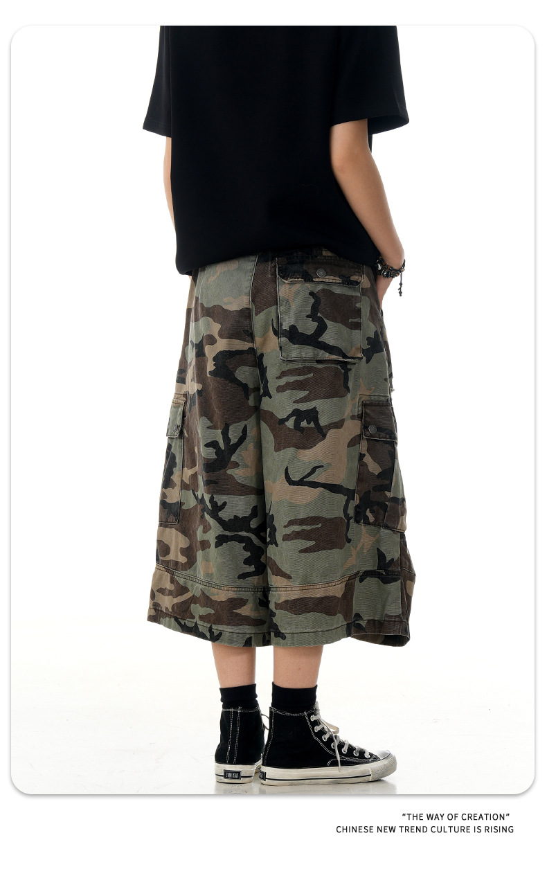 Loose Fit Casual Multi-Pocket Retro Straight Leg Slim Wide Leg Three-Quarter Pants
