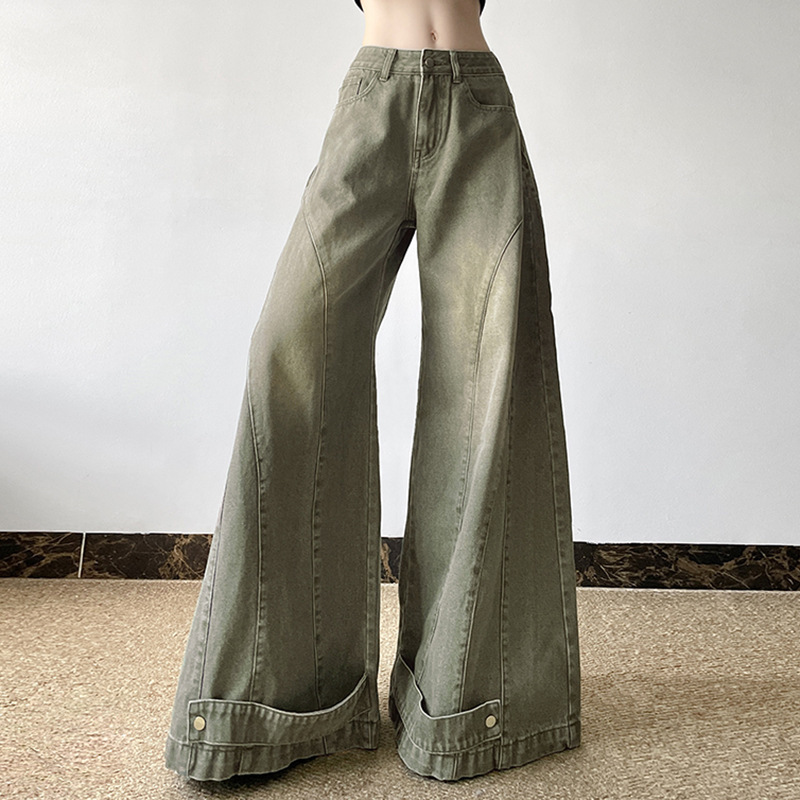 Washed curved knife women's autumn and winter loose fitting patchwork wide leg jeans