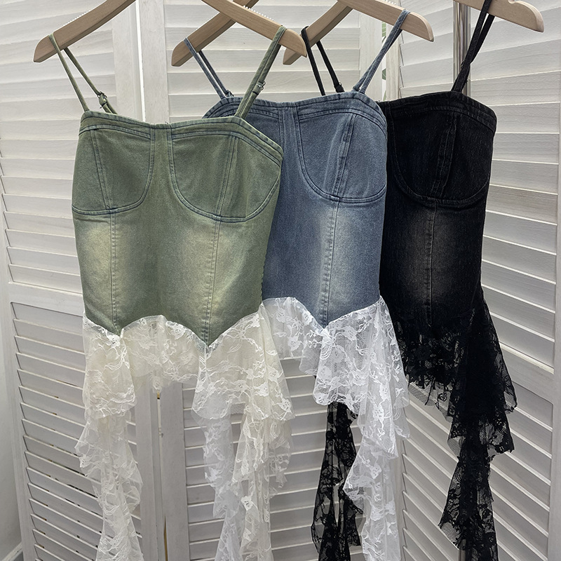 Slim Asymmetric Faded Jean Lacy Panel Fringed Bandeau