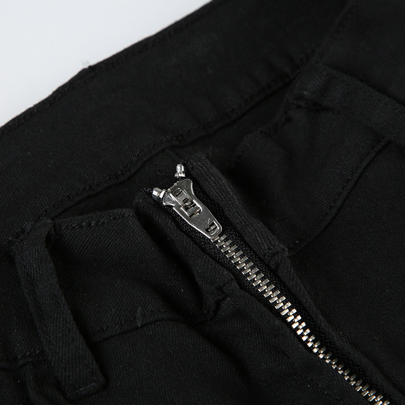 Retro trendy solid color horn low waist zipper denim pants