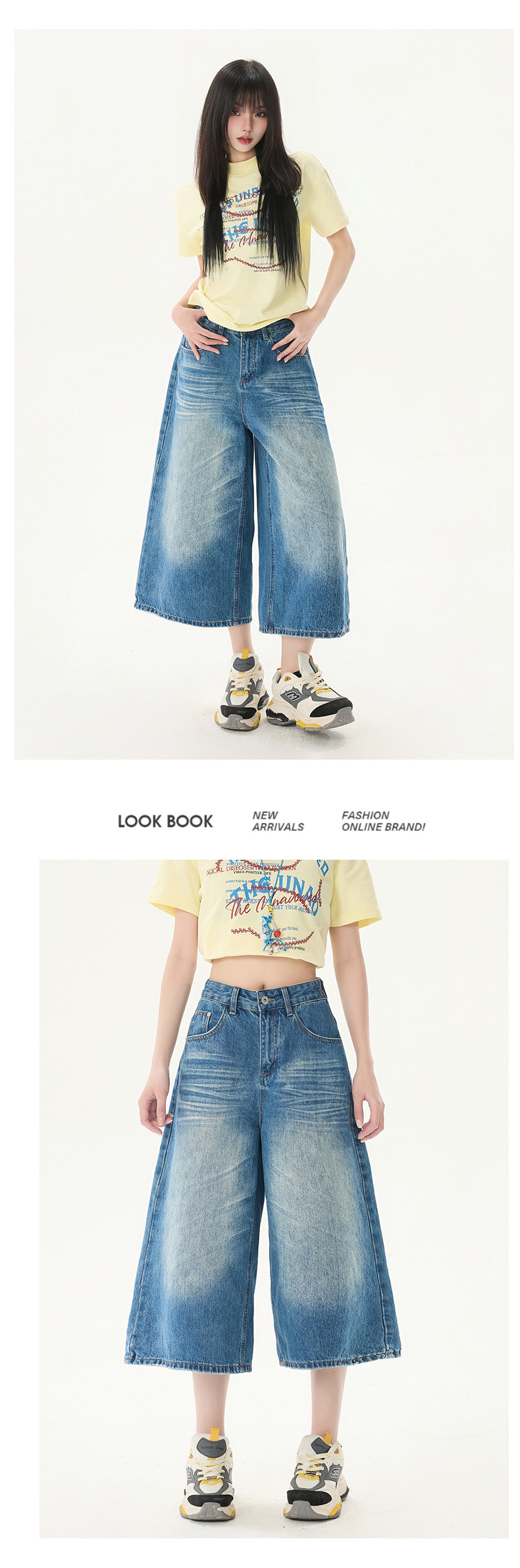 Design Creased 7/8 Length Jeans Women Summer Loose Wide-Leg Casual Lazy Mid-Length Pants