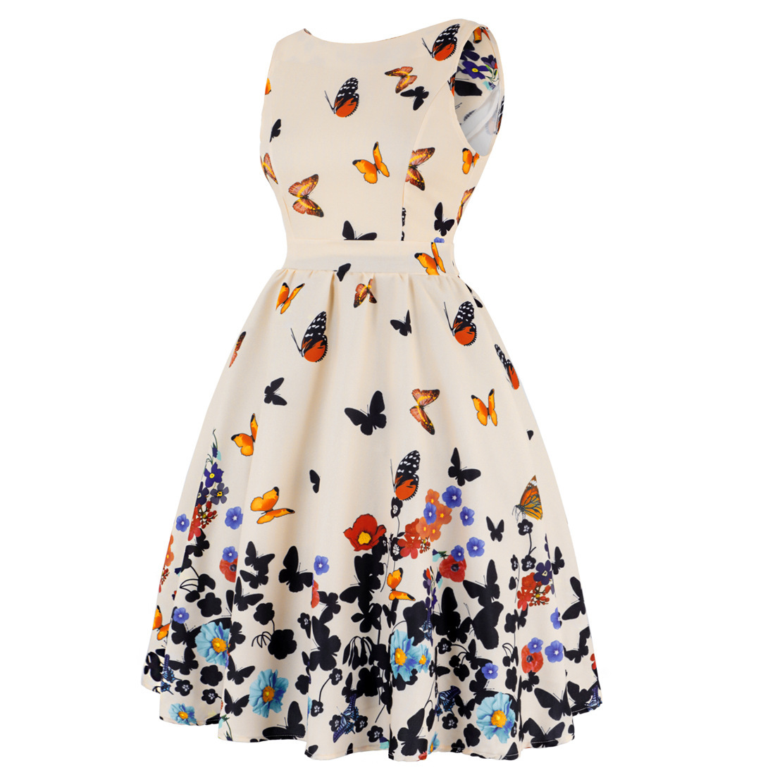 V-Neck Sleeveless High-Rise Flared Vintage Retro Patterned Dress