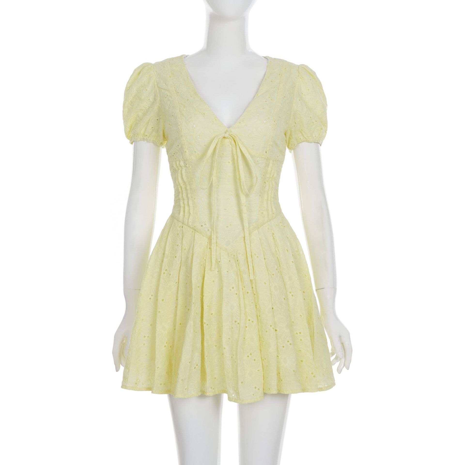 Charming Solid Cotton Mini Vee Neckline Low-Waist Dress