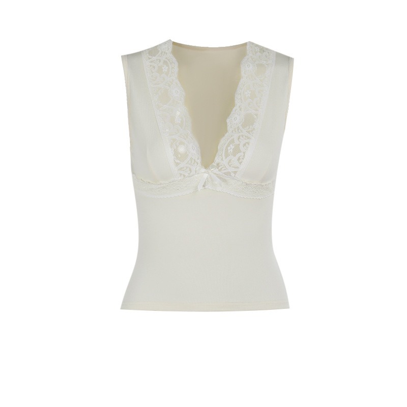 Lace patchwork V-neck bow vest top