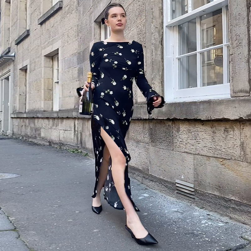Long One-Shoulder High Waist Patterned Polyester Step-Skirt Dress