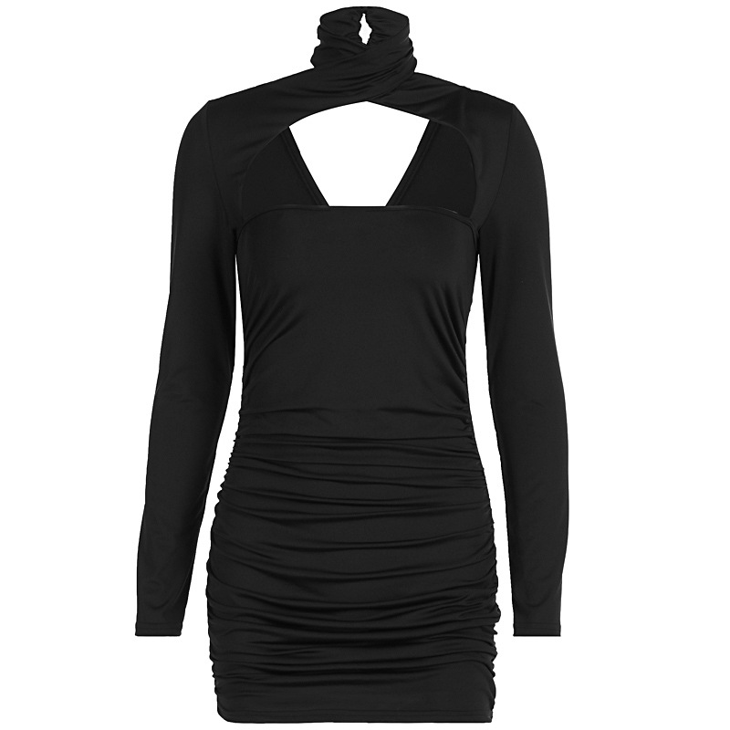 Cross hanging neck hollowed out backless long sleeved short dress