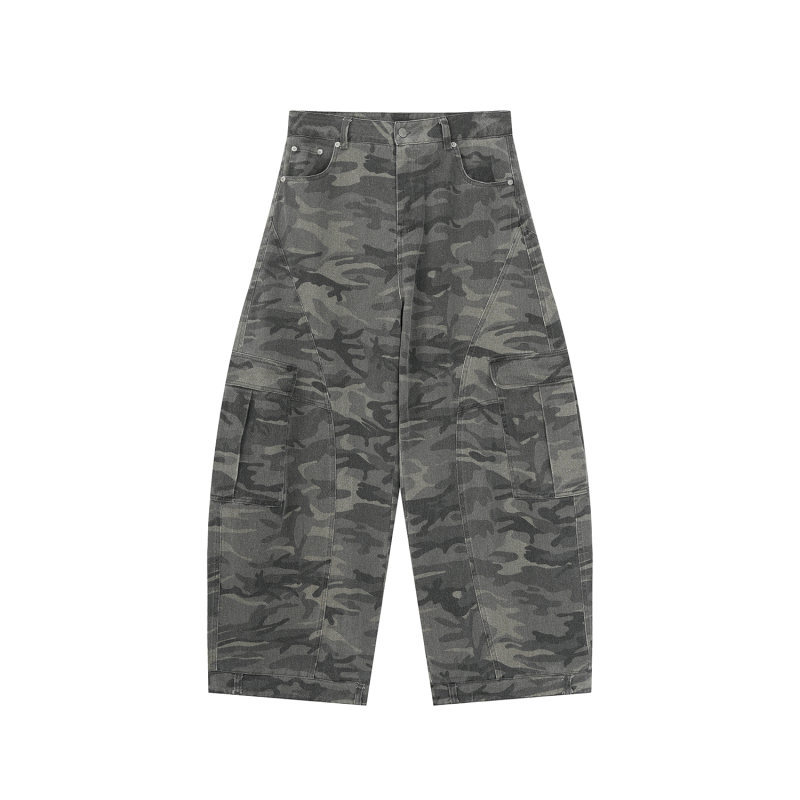 Camouflage Cargo Wide-Leg Pants Unisex Loose Casual Vintage Knife-Edge Trousers