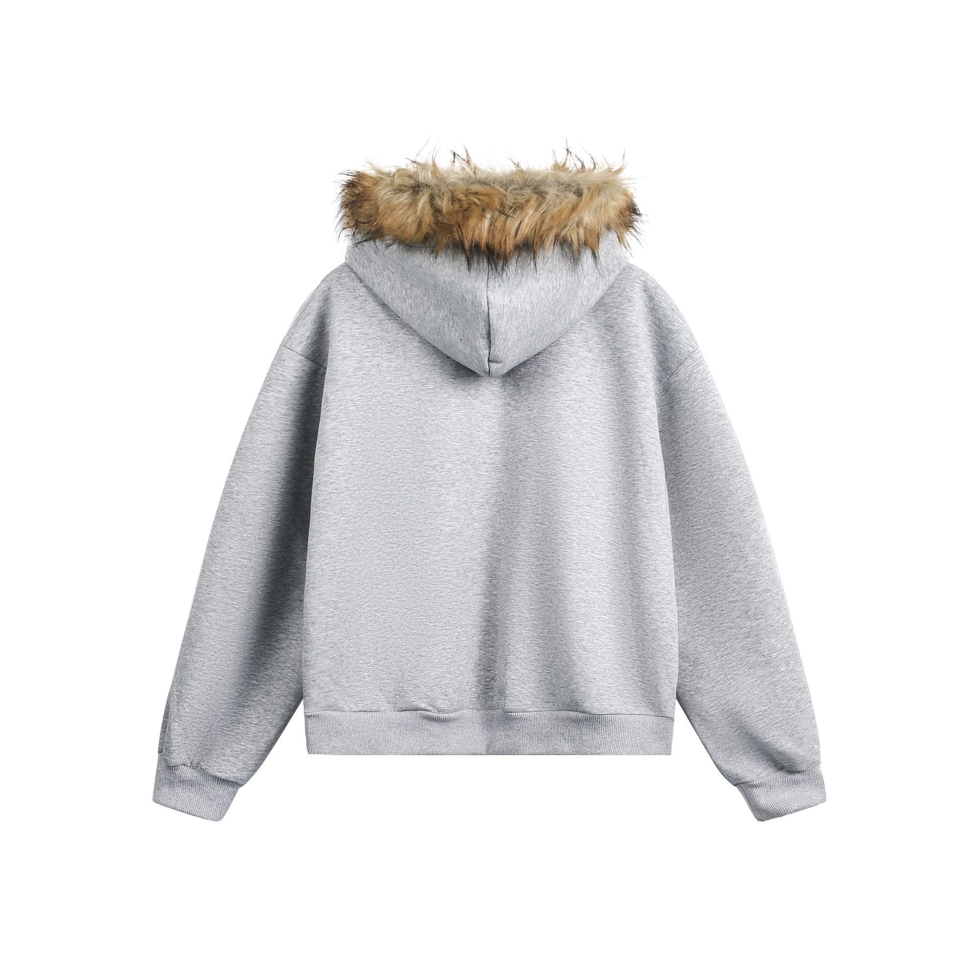 Detachable fur collar spliced zipper hoodie