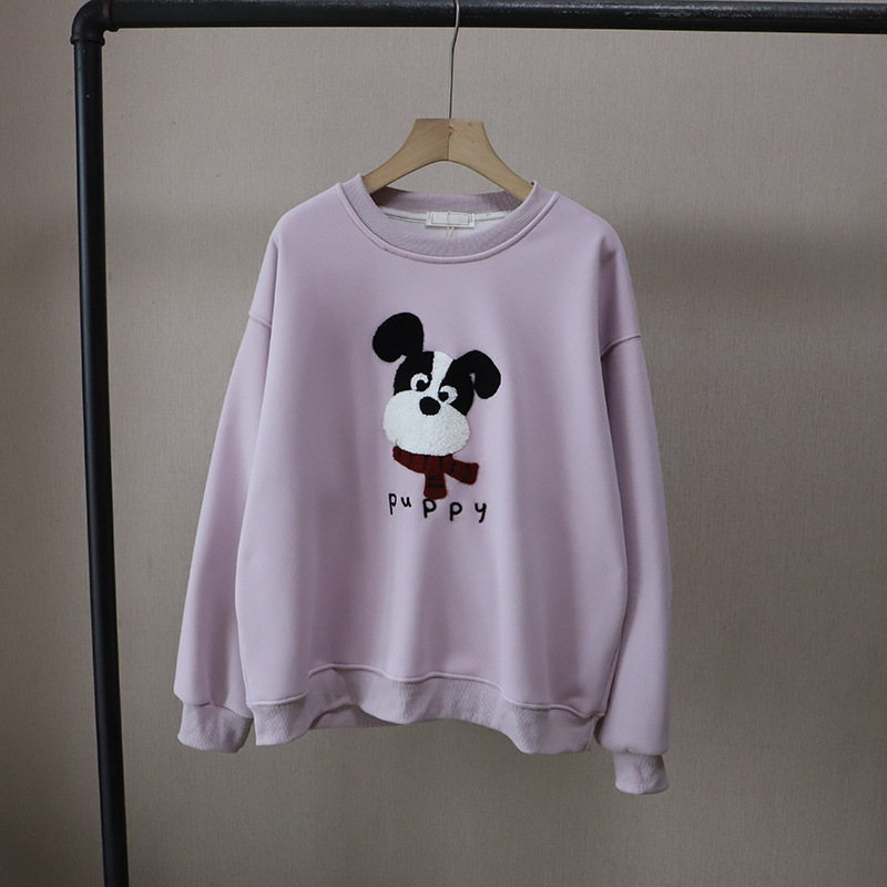 Casual Cartoon Embroidered Fleece Lined Thick Hoodie for Women Round Neck