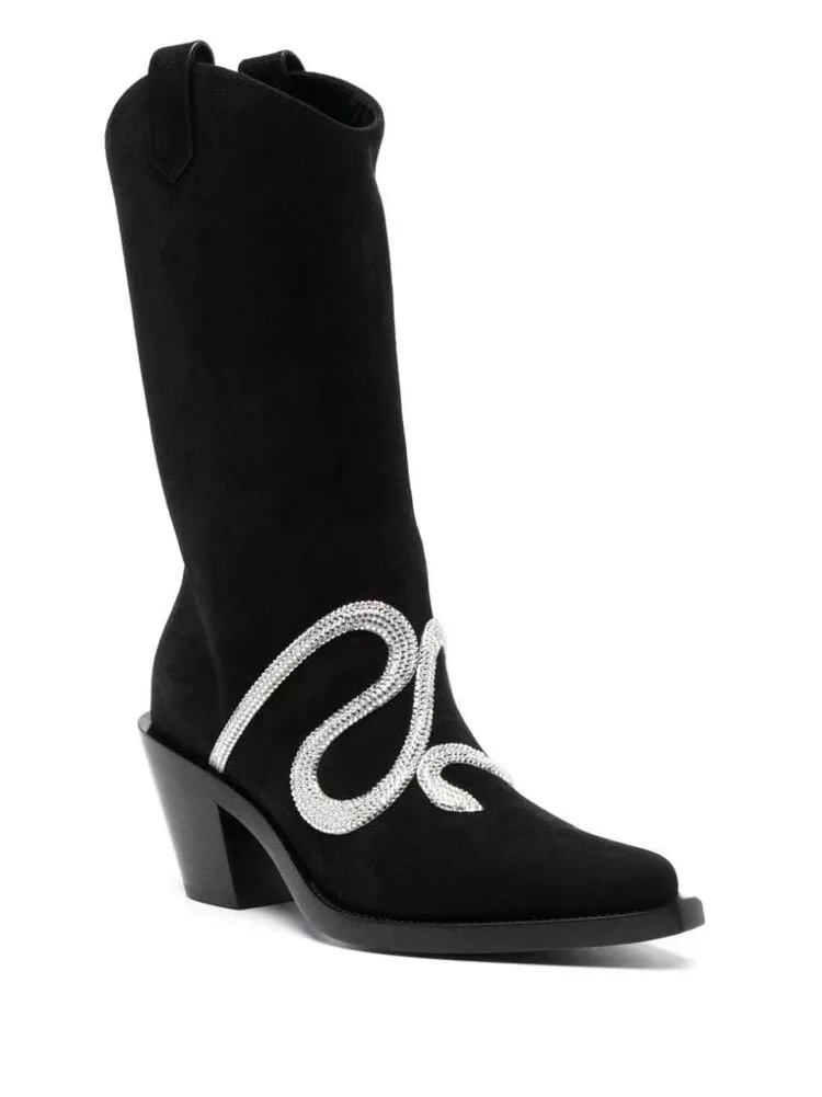Autumn New Fashion Snake Rhinestone Design Ankle Boots for Women High Heel Sexy Pointed Dress Party Banquet Shoes Size 43