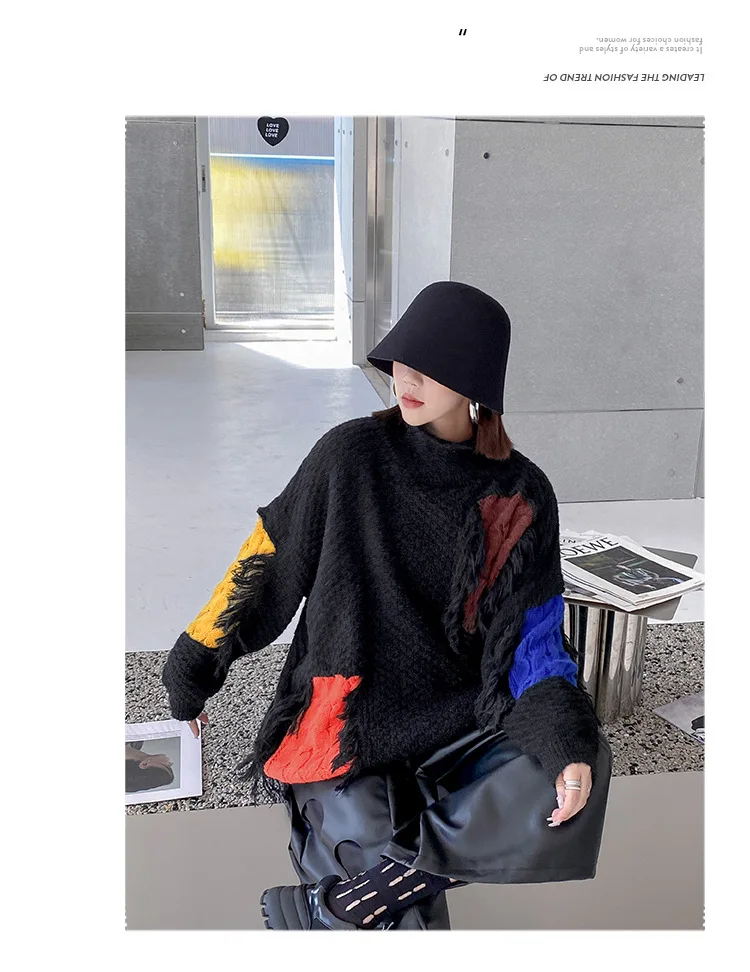 Ladies Oversized High Neck Asymmetric Paneled Fringe Sweater