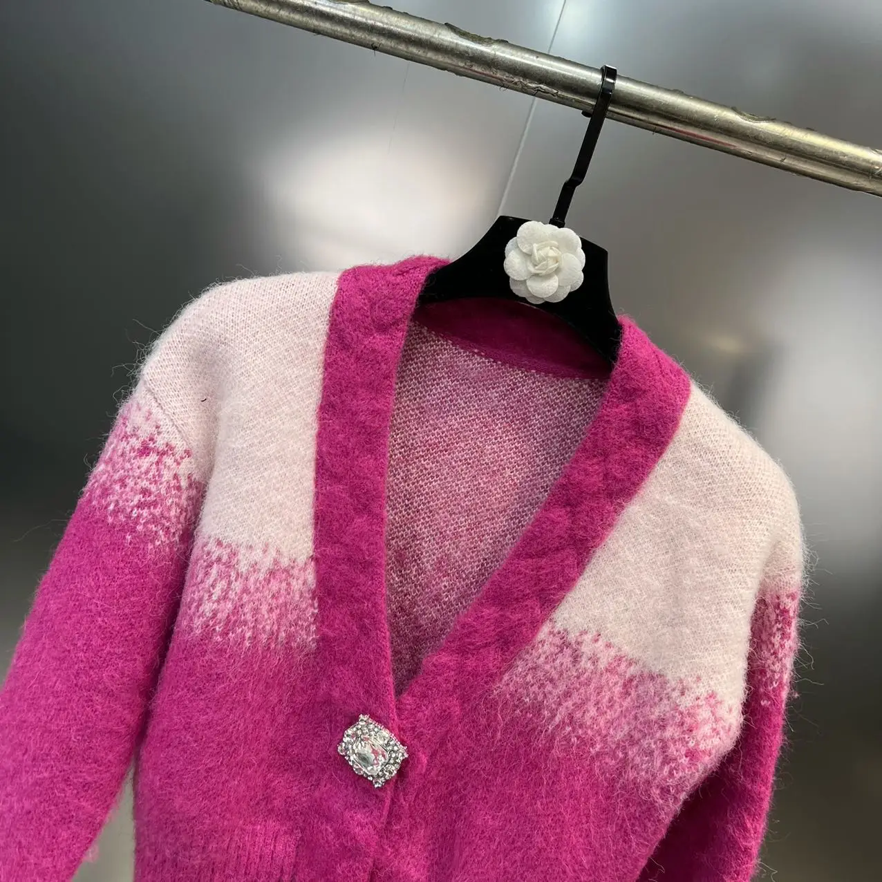 Oversized Ombre Spandex Cardigan with Crystal Clasp