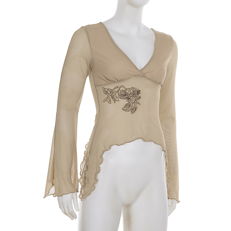 Retro floral V-neck T-shirt with female fungus edge flared sleeve casual top