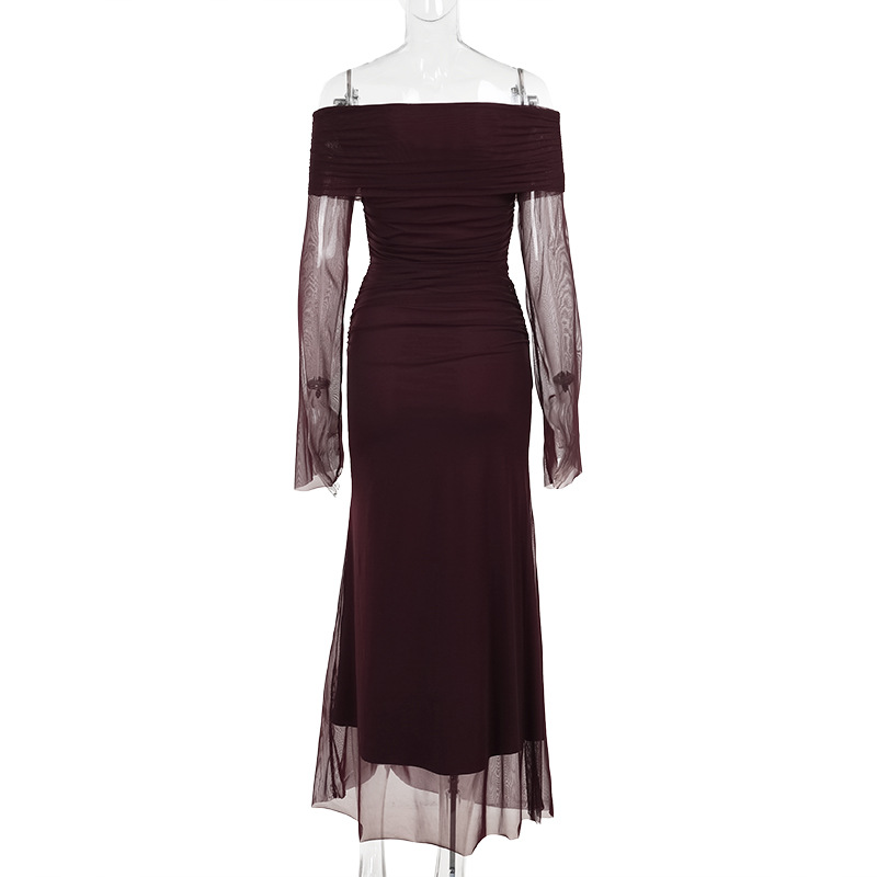 Asymmetric Neckline Three-Quarter Sleeve Polyester Long Mid-Rise Dress