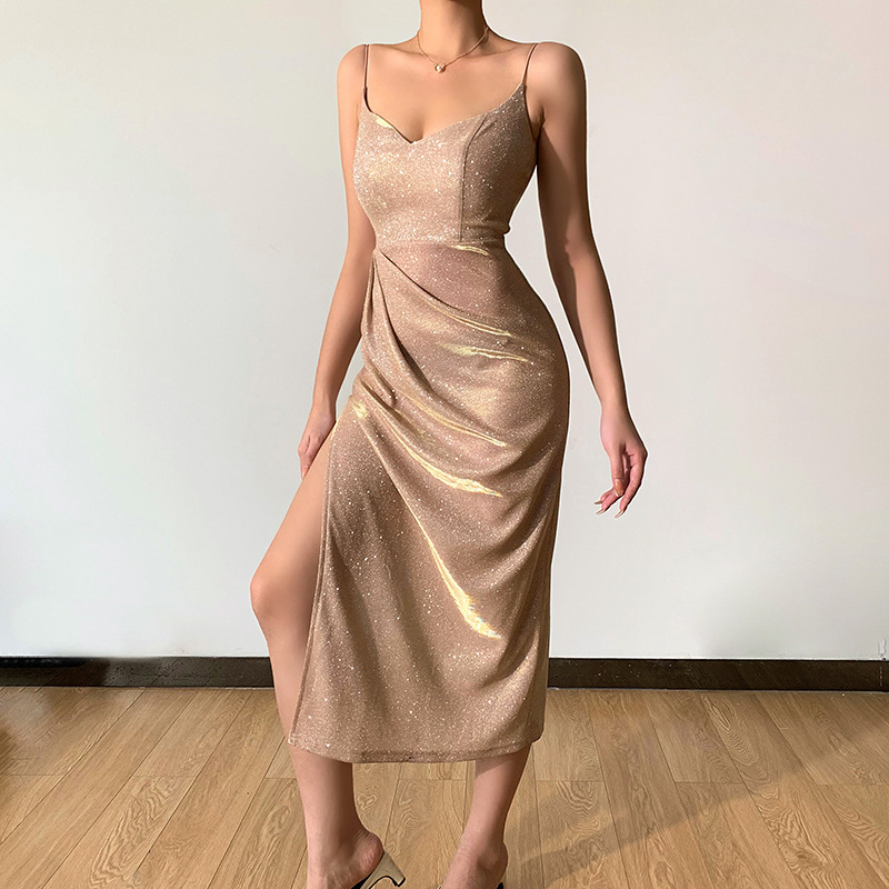 Rose Patent V-Neck Pinafore Midi Split Skirt