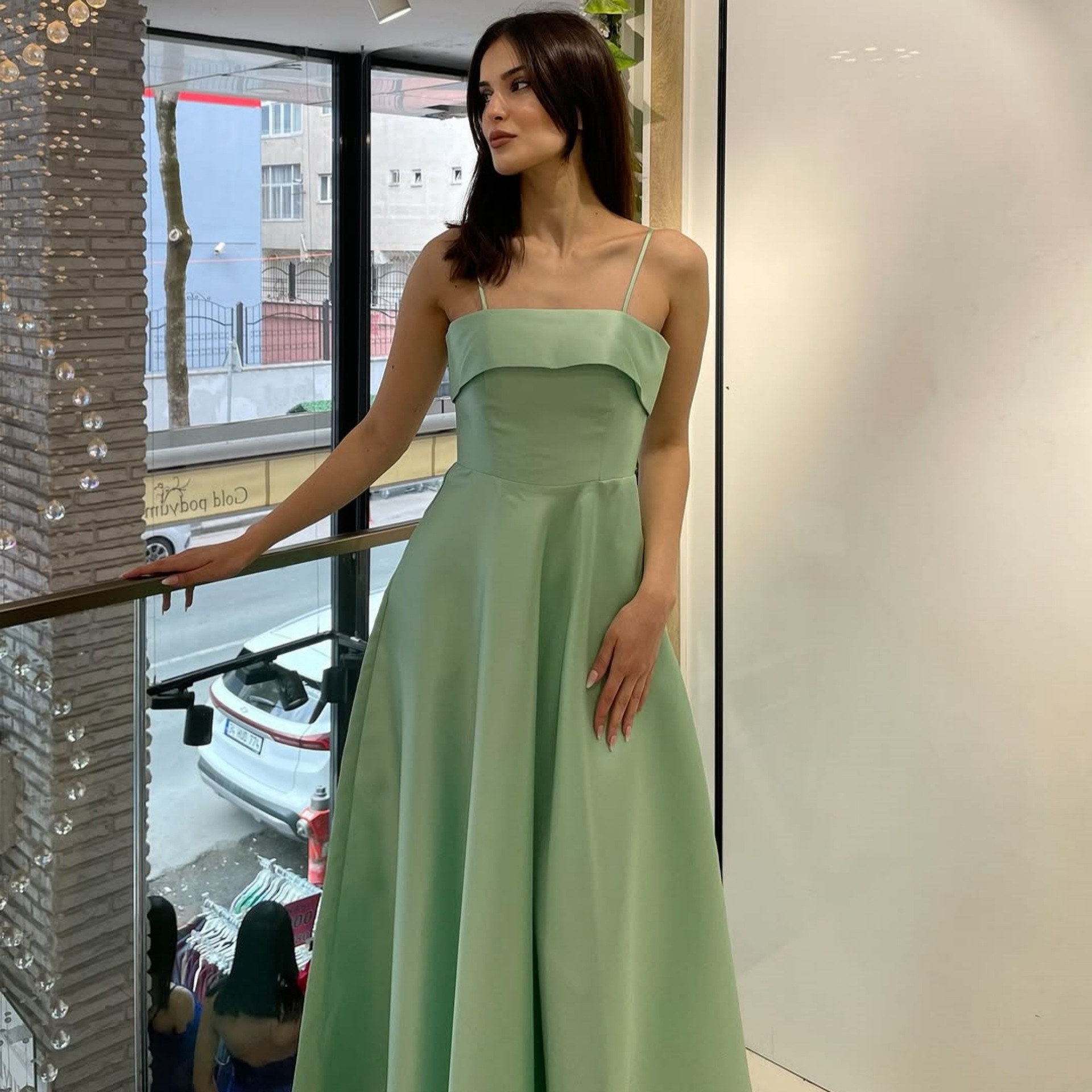 Satin suspender evening dress fashion dress