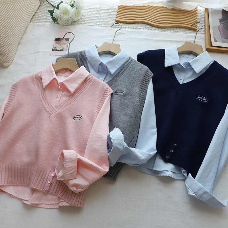 Fashion Two-Piece Set Shirt + Letter Embroidered Knit Vest for Women