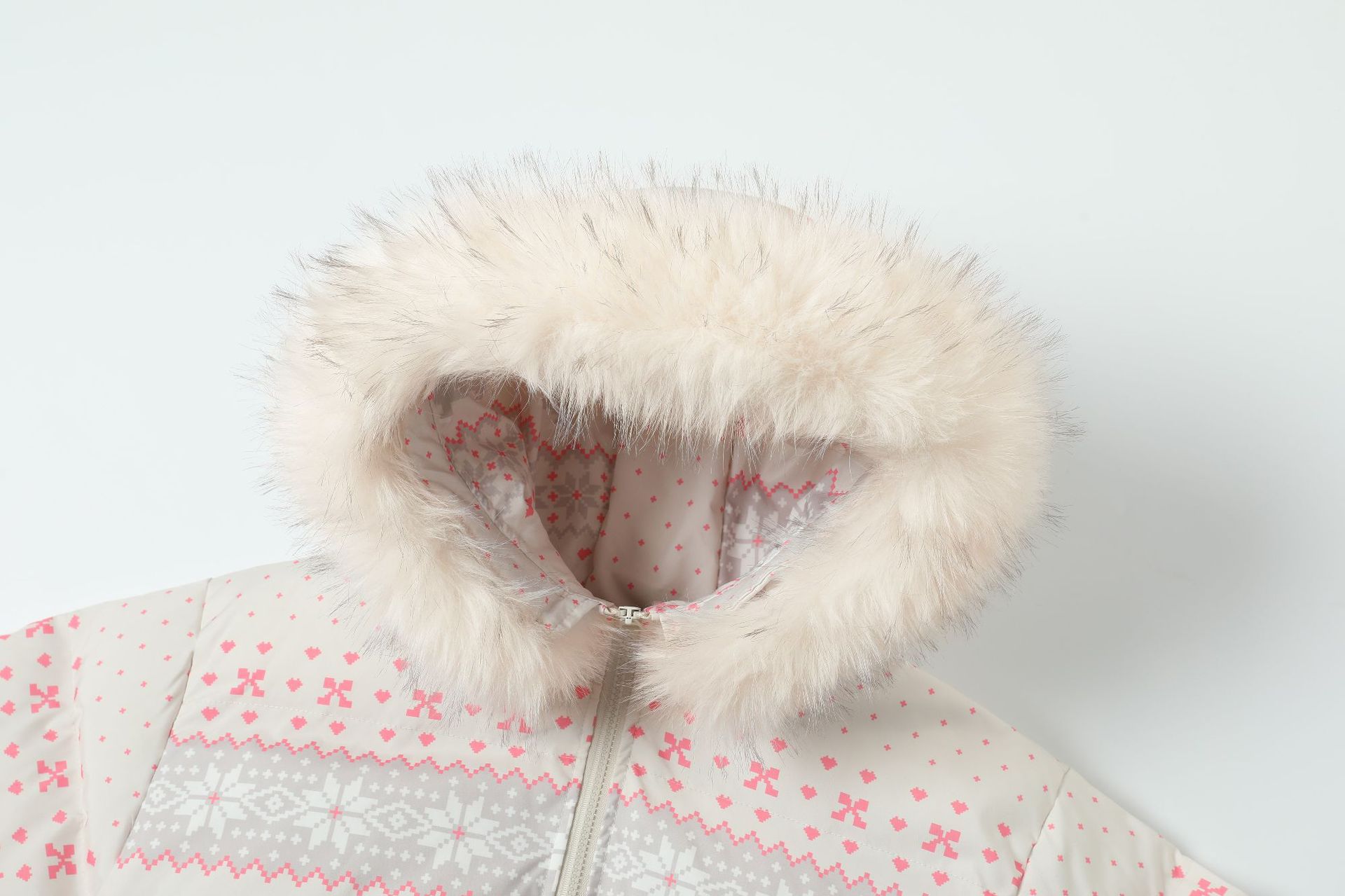 Hooded Fair Isle Detachable Fur Collar Cotton Coat Warm Outerwear