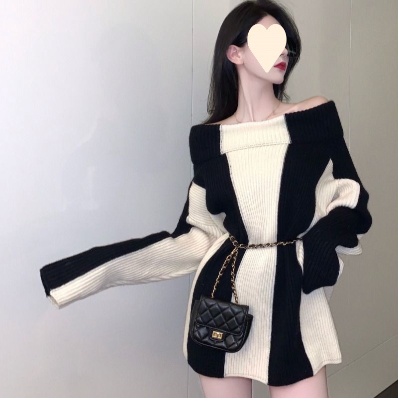 Ladies Oversized Two-Tone Asymmetric Acrylic Sweater