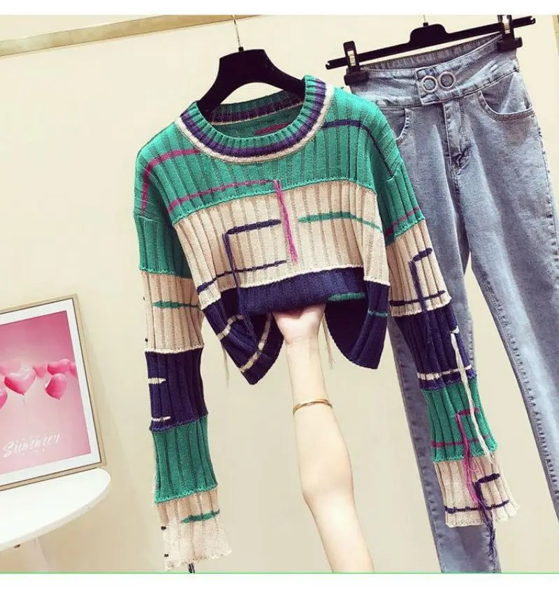 Ladies Colorblock Fringe Crew Collar Sweater