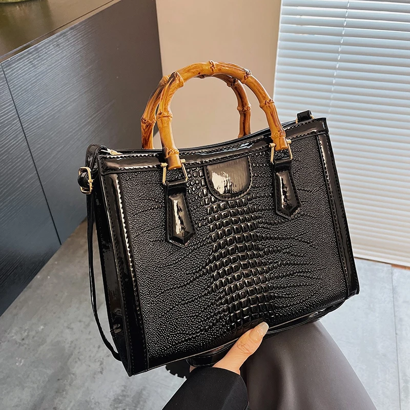 High Quality Leather Shoulder Bag For Women Luxury Alligator Handbag Designer Women Bag Retro Bamboo Handle Tote Bag Female