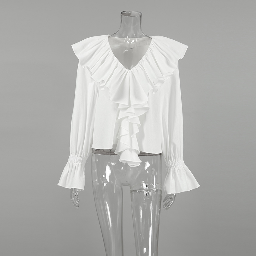 Slim Fit Cotton V-Neck Long Sleeve Frilled Blouse