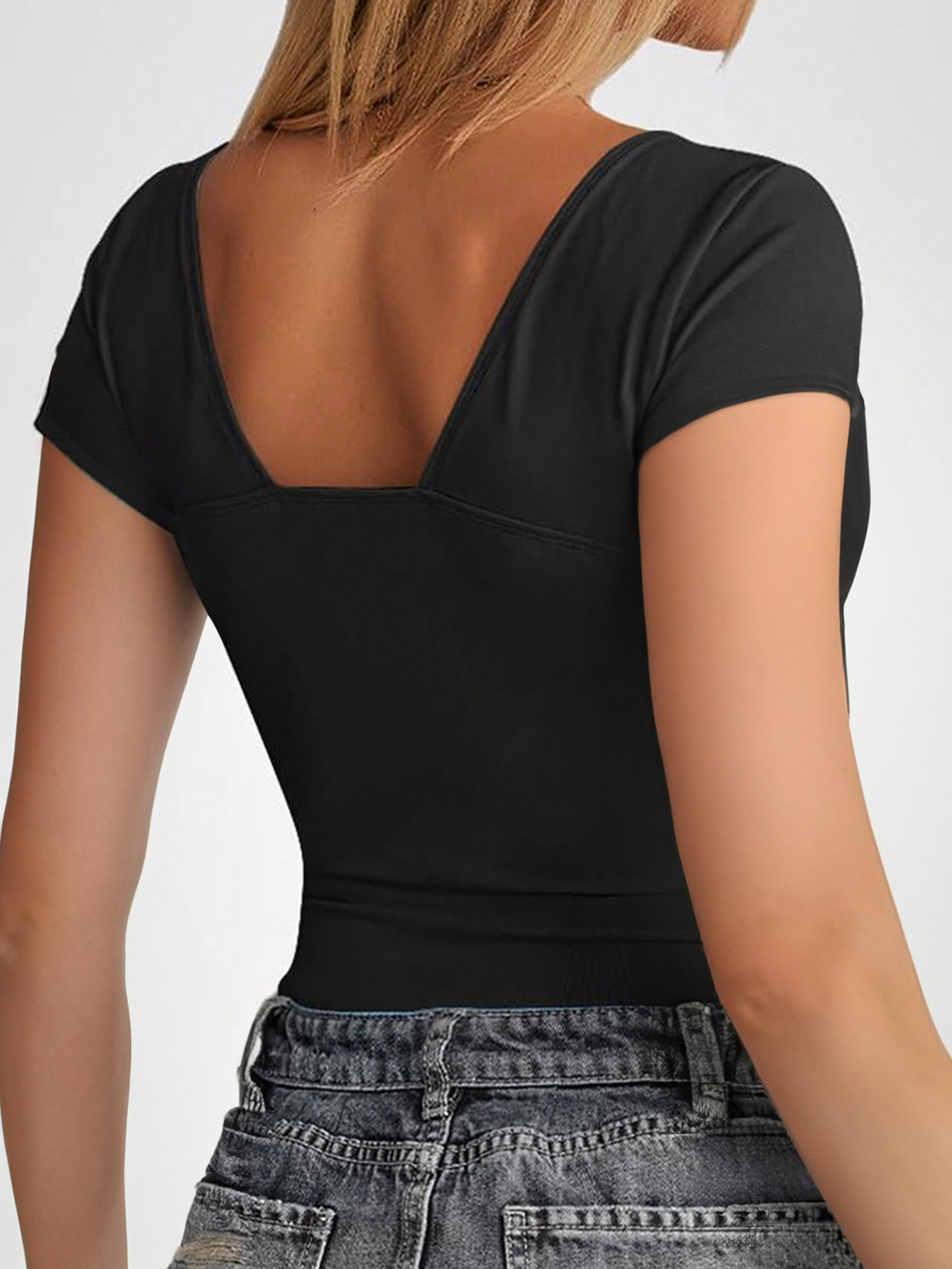 Ladies Solid Body-Hugging V-Neck T-Shirt