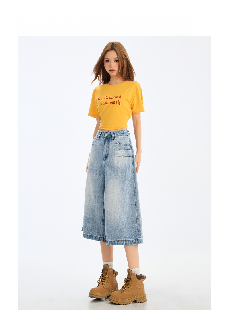 Wide-Leg Seven-Point Denim Pants for Women High-Waist Loose Fit Lazy Style Straight Leg Versatile Mid-Length Trousers