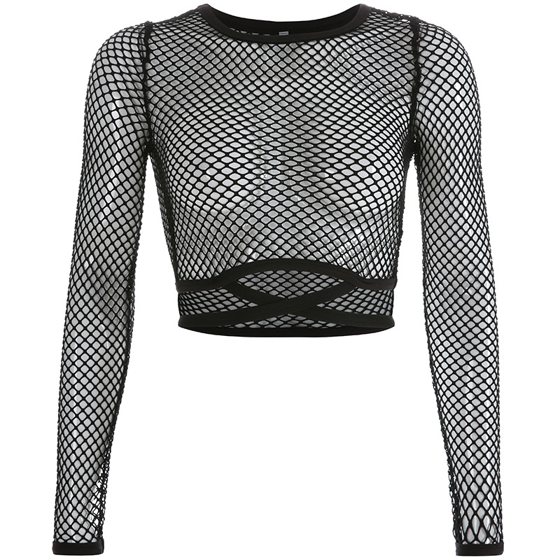 Vacation Style Grid Splicing Cross-Tie Hollow Sunscreen Top Sexy Transparent Short Pants Navel-Exposed T-Shirt Top