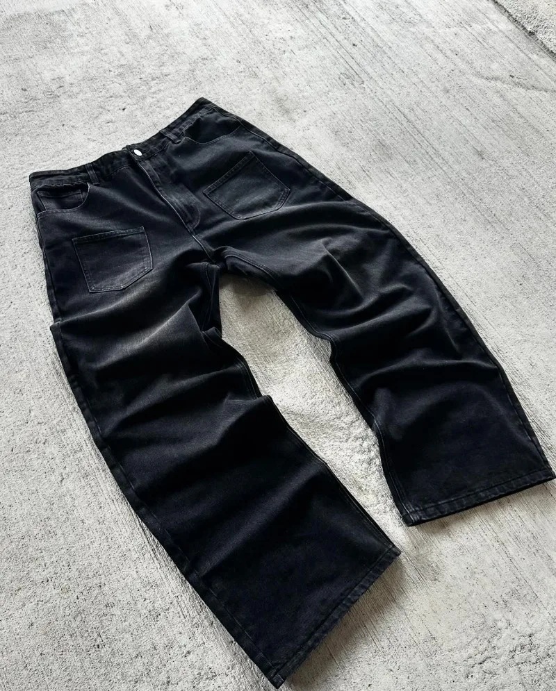 Floral Embroidery Design Denim Pants Street Hip-hop Pocket Wide-leg Pants Loose Long Pants Trendy