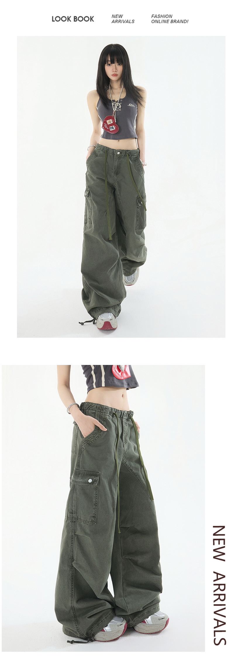 Women's Military Green Work Pants for Petite Ladies Summer Casual Wide Leg
