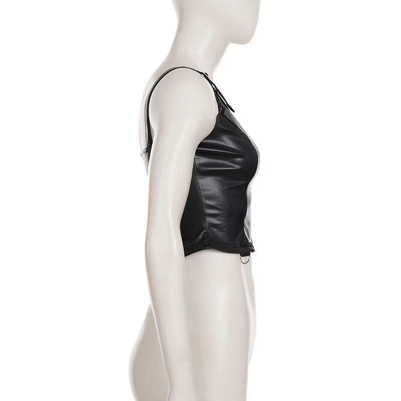 Zip-Front Moto Lambskin Tank Top
