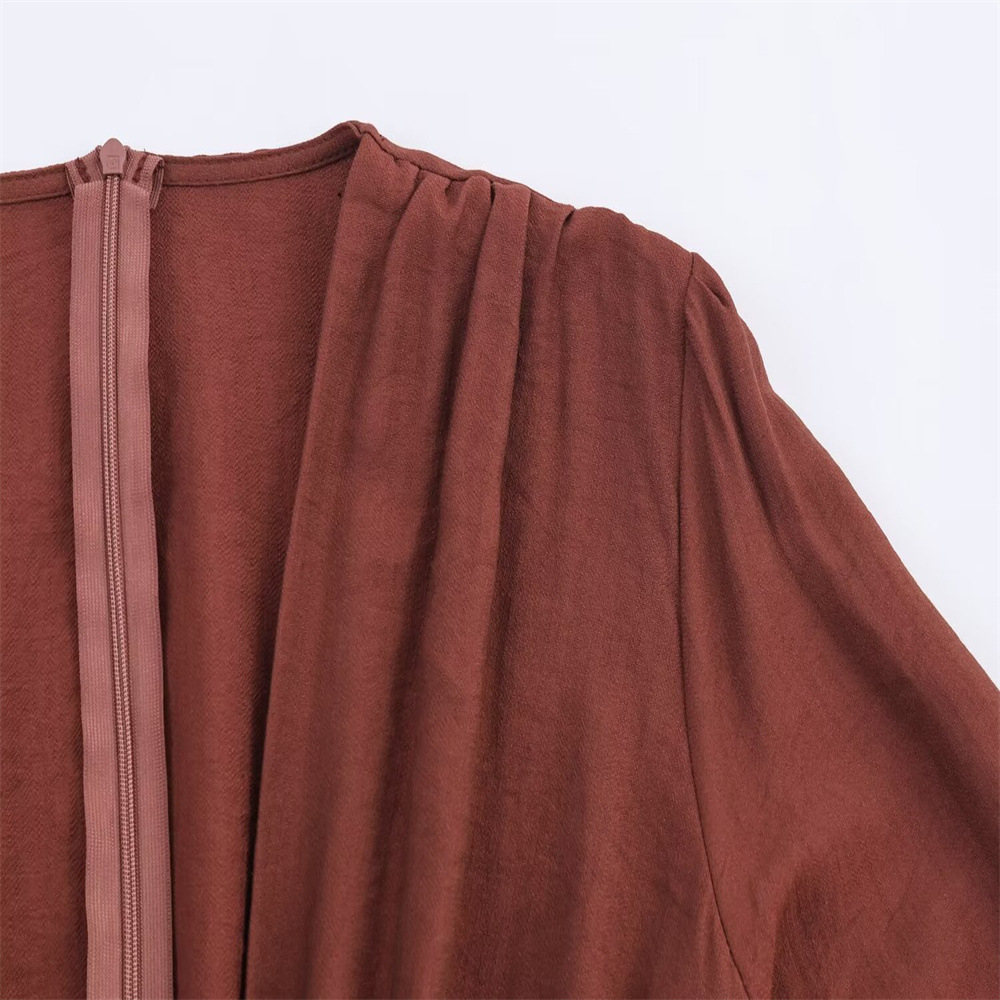 Deep V-neck long sleeved waist cinched pleated long skirt dress for women