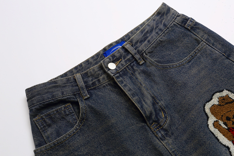 Vintage Cartoon Towel Embroidery Washed Knife-Edge Jeans Men Autumn Pendant Design Loose Wide-Leg Pants