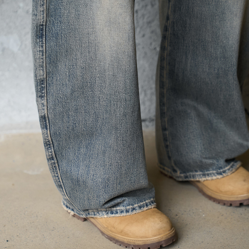 Washed Gradient Knife-Edge Denim Pants Men Streetwear High-Street Vibe Loose Straight Leg Wide Leg Pants
