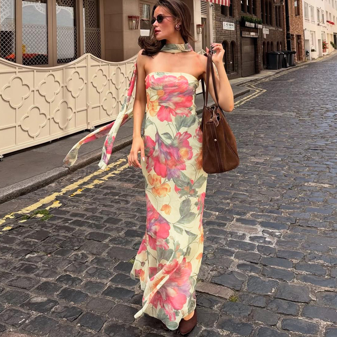 Patterned Drape Neck Open Back Bare Shoulder Dress