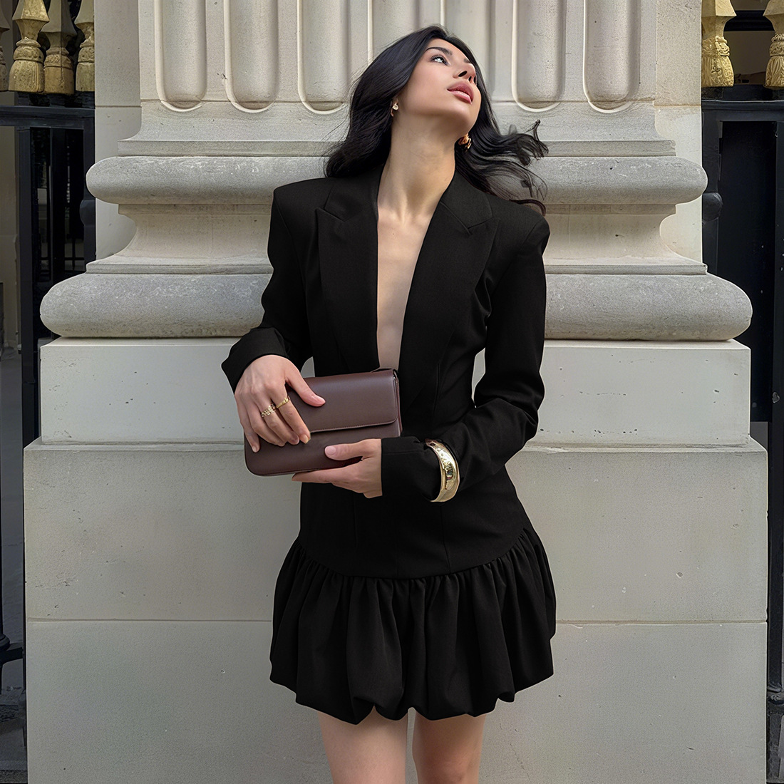 Plunging Neckline Full-Sleeve Tailored High-Waisted Bodycon Polyester Dress