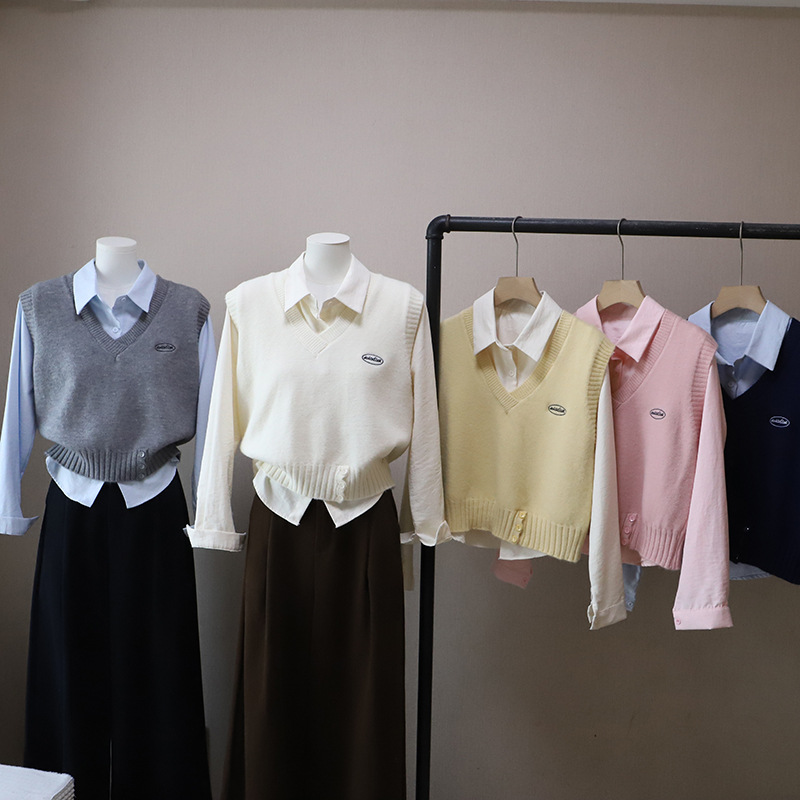 Fashion Two-Piece Set Shirt + Letter Embroidered Knit Vest for Women