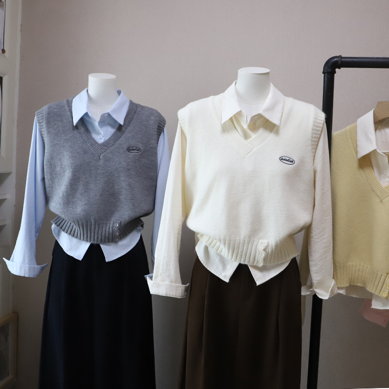 Fashion Two-Piece Set Shirt + Letter Embroidered Knit Vest for Women