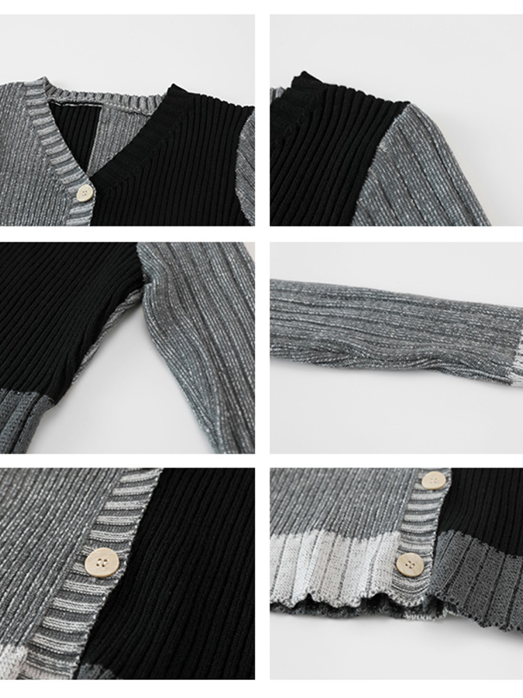 Black Color-block Short Knitting Cardigan Sweater V-Neck Long Sleeve Women New Fashion Trend Autumn Winter