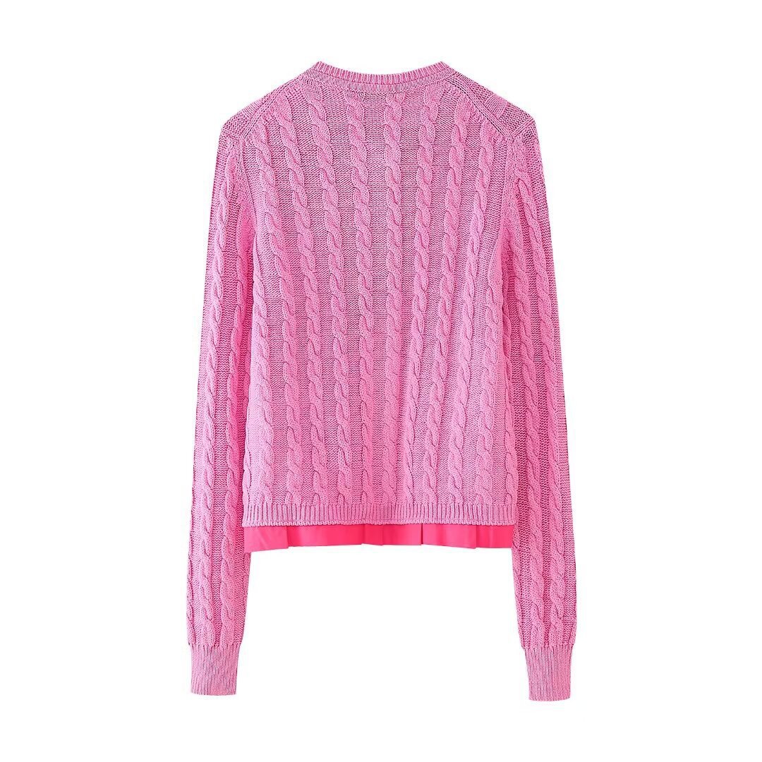 Round neck contrasting color open knit sweater patchwork jacket top