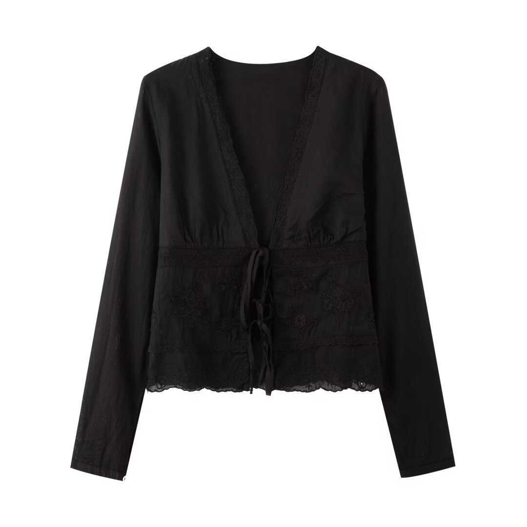 V-neck long sleeved solid color lace up shirt top for women