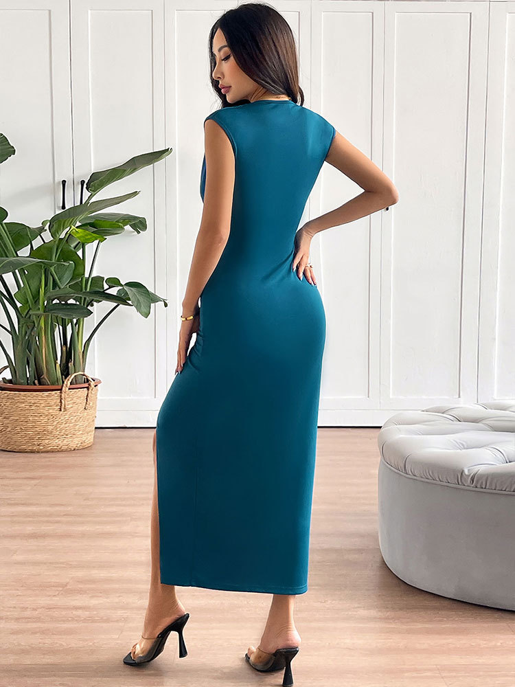 Sleeveless Plunge Belted Side Split Accordion Dress