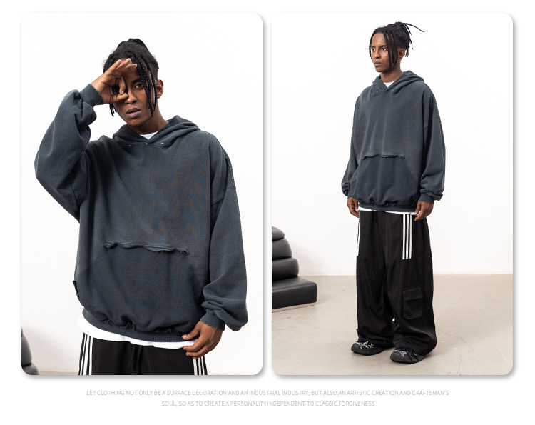Streetwear Heavy Cotton Aged Torn Hoodie