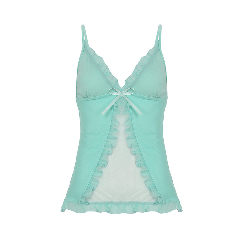 Mesh splicing deep V-neck mint green camisole vest