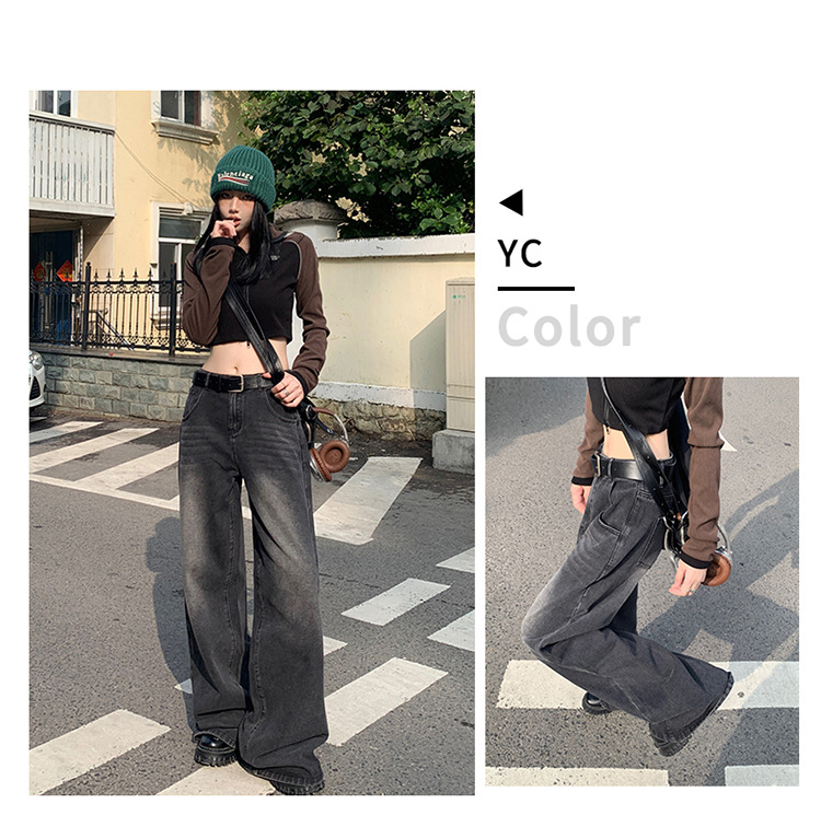 Women's Faded Black and Gray Denim Pants High-Waisted Loose Floor-Length Wide-Leg Trousers