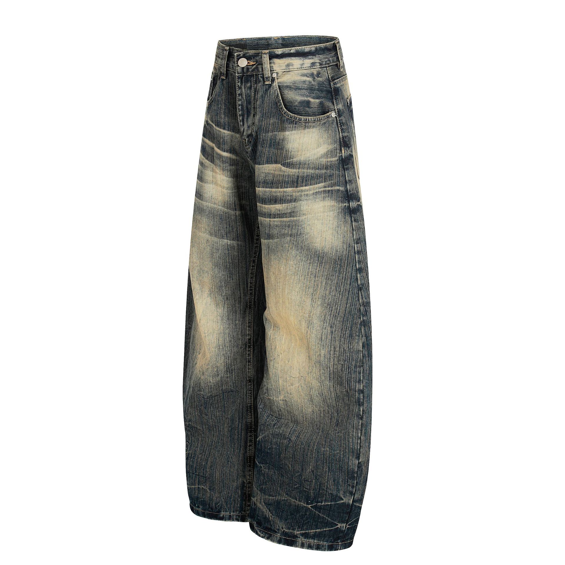 Street Vintage Washed Bamboo Texture Design Loose Wide-Leg Denim Pants for Men and Women