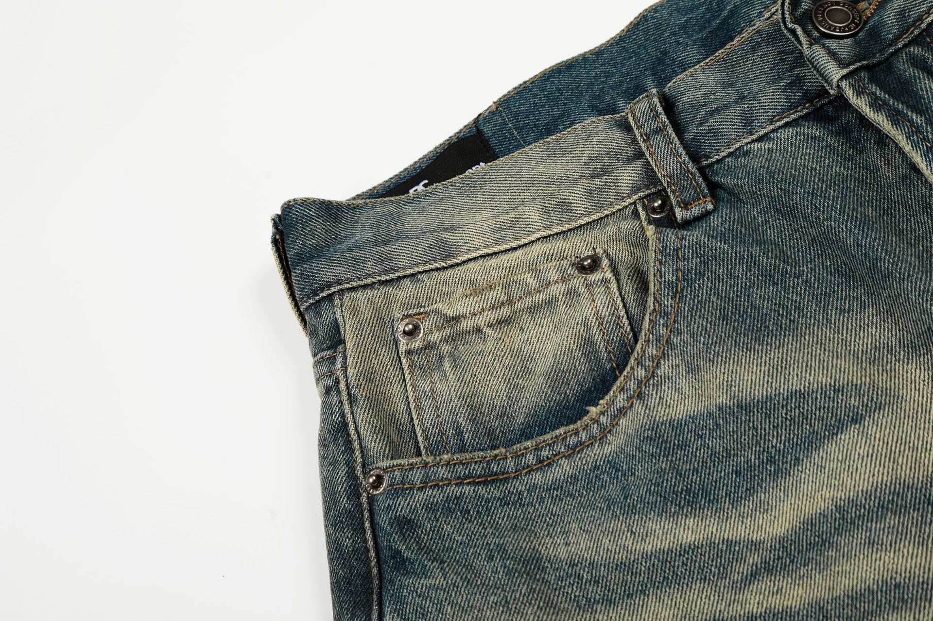 Style Trendy Unisex Street Retro Vintage Blue Cat Whisker Pattern Distressed Design Loose Fit Men's Jeans