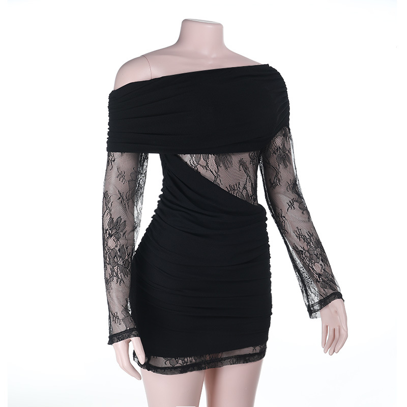 Asymmetric Openwork Paneled Full-Length Sleeve Dress